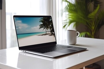 Fototapeta premium Das Laptop-Business der digitalen Normaden. Arbeiten im Homeoffice von zu Hause mit Kaffee am Morgen.