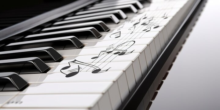 Illustration für Musik mit dem Klavier. Klassische Noten zur Tastatur. Klavier spielen nach Noten.  
