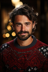 Handsome man wearing Christmas sweater. Generative AI