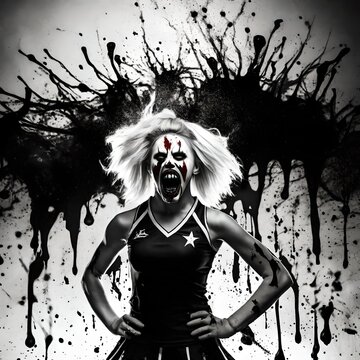 Black and white illustration of an evil scary Halloween zombie cheerleader screaming with blood splatters in the background