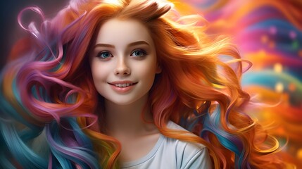 Fototapeta premium White woman smiling, straight and colored hair, model smiling, Smiles that inspire.