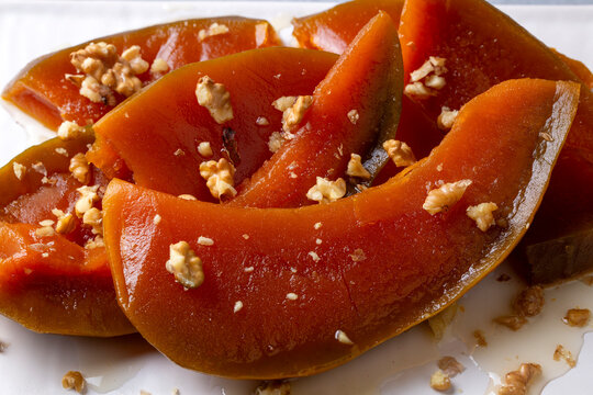 Traditional delicious Turkish cuisine; Pumpkin dessert or jam (Turkish name; Kirecte kabak receli or kabak tatlisi)
