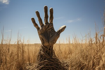 wyrastajaca ręka z ziemi obrośnieta suchą trawą - obrazy, fototapety, plakaty