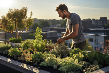 A person documents a rooftop gardening project, showcasing the commitment to sustainable living and nurturing plant life within an eco-conscious lifestyle. Generative Ai.