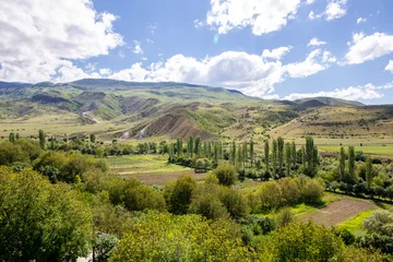 Fotobehang Mtkvari river valley landscape in Samtskhe - Javakheti region, Georgia with Lesser Caucasus mountains, green vegetation and vineyards, view from Aspindza town. © Cleop6atra