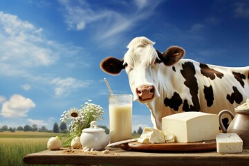 Fresh Dairy cow products sunny day. Health nutrition. Generate Ai