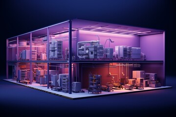 Cutaway of 10x20 storage units with furniture visualization on purple background, demonstrating capacity for a warehouse company. Generative AI