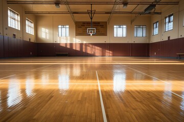 Floor in older gymnasium for multiple sports. Generative AI - obrazy, fototapety, plakaty