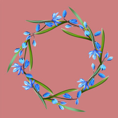 Obraz premium Wreath, frame of blue snowdrops on a pink background 