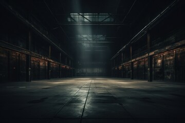 Abandoned Dark empty warehouse. Hall inside floor. Generate Ai