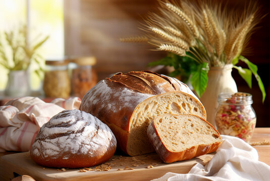 Natural sourdough bread baked with organic flour. Bakery and agriculture concept. Bread composition. Home rustic background.