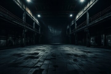 Dilapidated Dark empty warehouse. Hall inside floor. Generate Ai