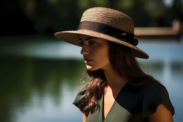 Boater Hat - United States - Straw hat with a flat crown and a wide brim, commonly worn for boating and summer events (Generative AI)