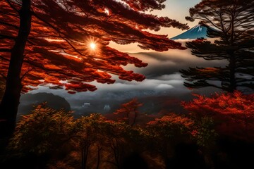 Fuji's Autumn Elegance Morning Mist and Red Leaves