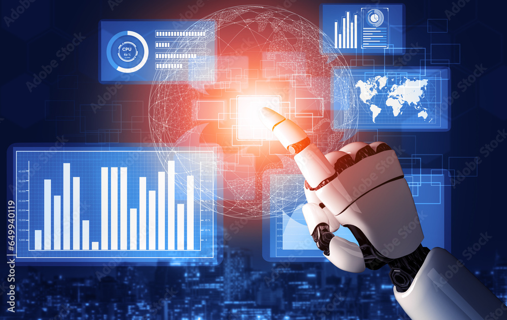 Poster 3d rendering futuristic robot technology development, artificial intelligence ai, and machine learni