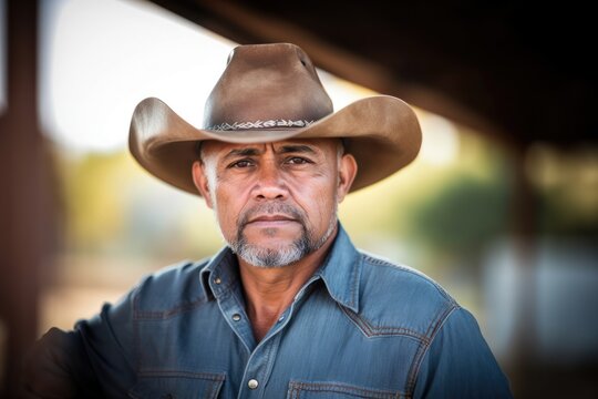 Hispanic male farmworker posing wearing a cowboy hat looking at the camera