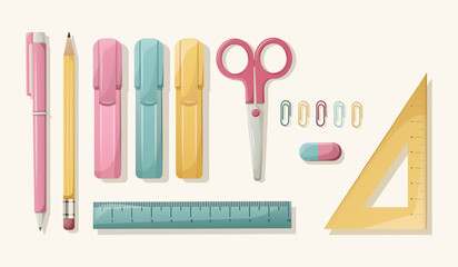 School elements, basic office. Set of vector illustrations for study. Pink colors, design for girls.