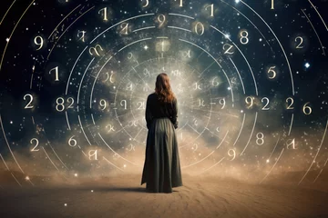 Fototapeten Woman Standing on Dessert Surrounded by Magic Numbers, Fortune Teller,  Numerology, Predict Future Concept © fotoyou
