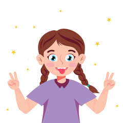 Vector illustration of a smiling girl with a victory sign. Cartoon scene with joyful little girl with pigtails sticking out tongue and hand signs of victory, peace and yellow star on white background.