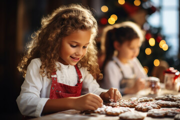 Fototapeta premium A group of children decorating gingerbread cookies during a holiday tradition, reflecting the joy of festive baking. Generative Ai.