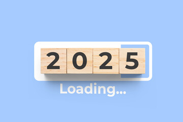 2025 wooden cubes on blue background with loading bar