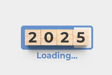 2025 wooden cubes on grey background with loading bar