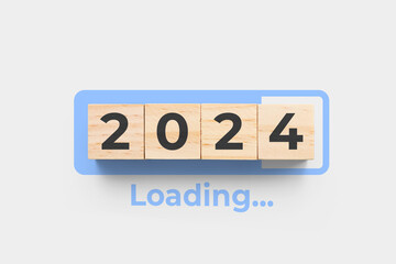 2024 wooden cubes on grey background with loading bar