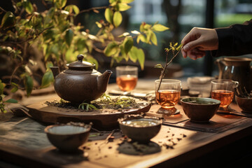 A tea ceremony in progress, emphasizing the cultural significance of tea in many Asian countries. Generative Ai. - obrazy, fototapety, plakaty