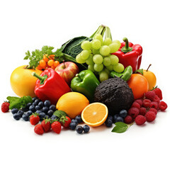 fotografía profesional grupo de frutas y verduras frescas sobre fondo blanco