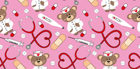 nurse doctor medical elements cartoon seamless background fabric textile