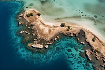 An Aerial Shot of a Rocky Atoll Surrounded by Turquoise Ocean - obrazy, fototapety, plakaty