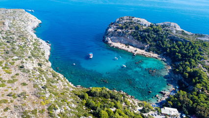 Ladiko beach and Anthony Quinn Bay aerial panoramic view in Rhodes island in Greece. Drone photography. - obrazy, fototapety, plakaty