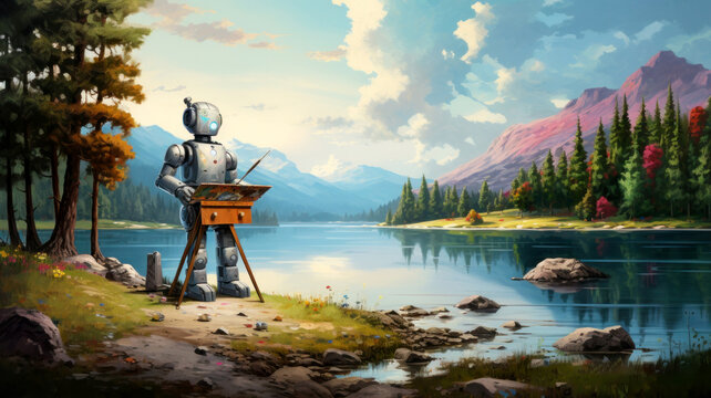 Robot draws a picture in a picturesque place against the backdrop of a lake and mountains, digital artist, replacing people in painting