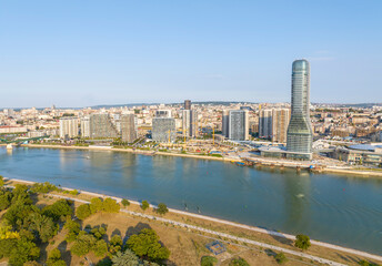 Panoramic view of Belgrade Waterfront, Sava River, Belgrade Tower