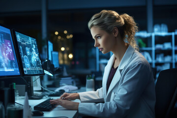 A woman in a lab coat analyzing data on a computer, contributing to scientific research. Generative Ai.