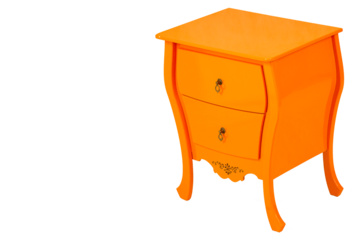 Criado Mudo cor de laranja, duas gavetas com puxadores de metal. São Paulo, Brasil. 
Formato de arquivo png fundo transparente.