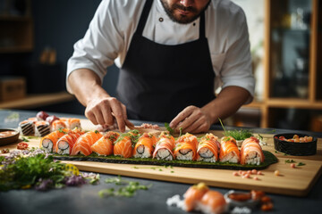 A person learning to make sushi in a cooking class, promoting cultural exchange through culinary experiences. Generative Ai.