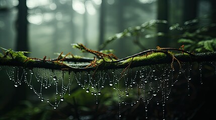 The forest awakens, its mood set by dew drops on what remains of spider webs in the foreground and the gentle embrace of morning mist in the distance.