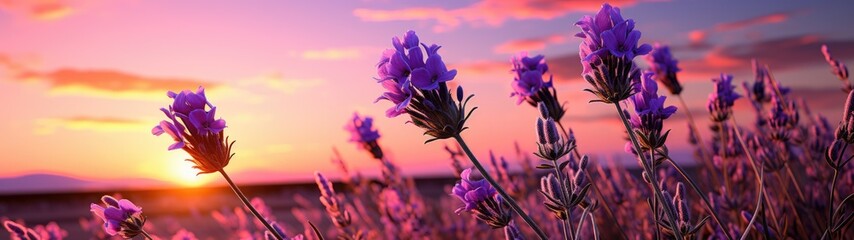 closeup Lavender panorama landscape sunset, over field of lavender, ultra-wide, panorama, panoramic - obrazy, fototapety, plakaty