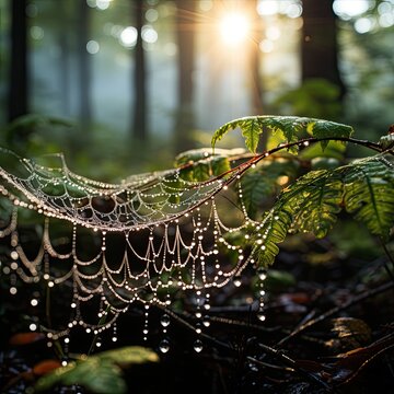 Closeup delicate threads of broken spider webs shimmer with dew or perhaps rain during sunrise, painting a picture of nature's fleeting moments amidst the forest's misty aura.
