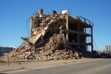 Demolished structure with debris, dust, and damaged building. Generative AI