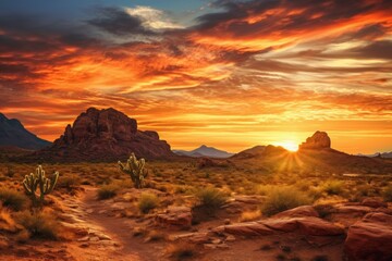 Serene Desert landscape near mountains. Nature sun. Generate Ai - obrazy, fototapety, plakaty