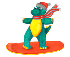 Obraz premium Cute child watercolour sport Dinosaur on red snowboard. Sports equipment. Hand drawn illustration isolated on white.