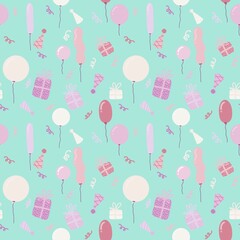 Cartoon festive seamless birthday balloons and gifts box pattern for wrapping paper and fabrics and kids clothes print