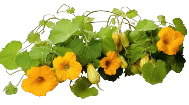 Pumpkin leaves vine plant stems and tendrils are isolated on a transparent background 