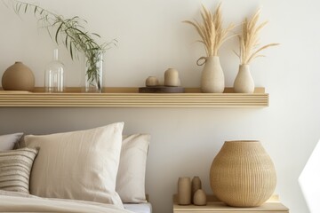 Charming Clean Neutral Bedroom Interior with Soft Pillows Against Wall and Pampas Grass in Ceramic Vases on Floating Shelf