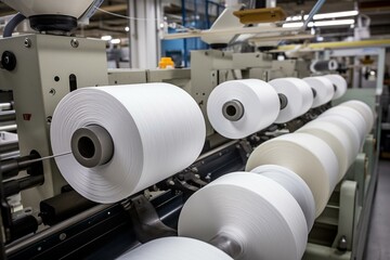 Producing white polypropylene yarn for industrial bags & sleeves with an Allison-circular loom woven bag machine & shuttle. Generative AI