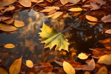 3d rendering yellow and brown colored fallen leaf, fallen down into a puddle of water during fall.