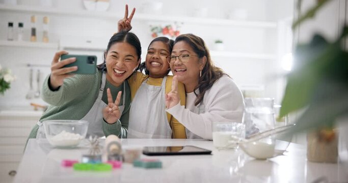 Family, peace sign selfie and kitchen with cooking, learning and support of mom, child and grandmother. Love, social media ad profile picture of a grandma, girl and mother with a smile in a home