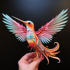 Obraz premium Origami hummingbird, colourful with dark background, the hummingbird is made out of paper. 